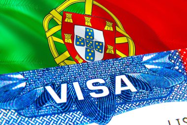 Portekiz vizesi. Portekiz 'e git, VISA kelimesine odaklan, 3D görüntüleme. Portekiz göçmen konsepti ve pasaport vizesi. Portekiz turizm girişi pasaportla. Visa ABD pul vatandaşlığı. ABD