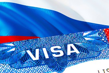 Rusya vizesi. Rusya 'ya git ve VISA kelimesine odaklan, 3D görüntüleme. Rusya pasaportlu göçmen konsepti. Pasaportla Rusya turizmine giriş. Visa ABD pul vatandaşlığı. ABD seyahati. Vis