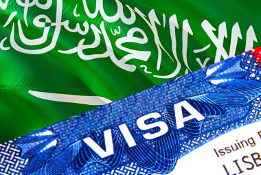 Pasaportunda VISA metni olan Suudi Arabistan vize damgası. Pasaport yurtdışında seyahat kavramı. Suudi Arabistan 'a seyahat - seçici odaklanma, 3D canlandırma. Göçmenlik ve göç kavramı. Suudi Arabistan