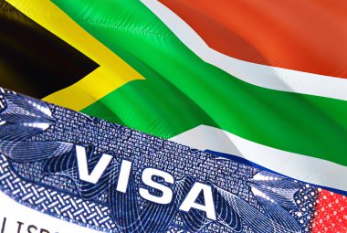 Güney Afrika Vize Belgesi, arkasında Güney Afrika bayrağı var. Pasaportunda ABD vizesi damgası olan Güney Afrika bayrağı. Vize damgası Güney Afrika seyahati.