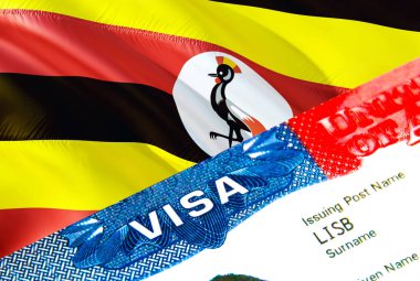 Uganda göçmenlik vizesi. VISA kelimesine odaklanan Uganda 'ya yakın Visa, 3D görüntüleme. Pasaport çoklu girişinde vize ile Uganda 'ya seyahat ya da göç. Vize belgesi.