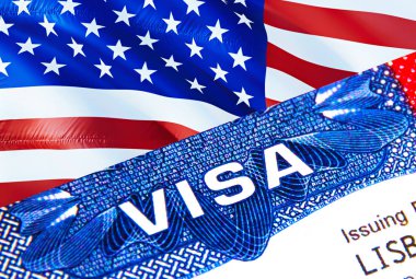 Pasaportunda Birleşik Devletler vizesi var. VISA kelimesine odaklanan ABD vatandaşları için göçmenlik vizesi. Birleşik Devletler vizesini yakın plan, 3 boyutlu görüntüleme ile ülke çapında seyahat edin. Birleşik Devletler mult