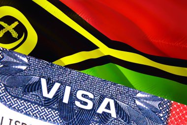 Vanuatu Visa Belgesi, arkasında Vanuatu bayrağı var. Vanuatu bayrağı, pasaport içinde ABD vize damgası ile ilgili VISA metnini kapat, 3D görüntüleme. Visa pasaport pulu Vanuatu işi. Göçmen Bürosu