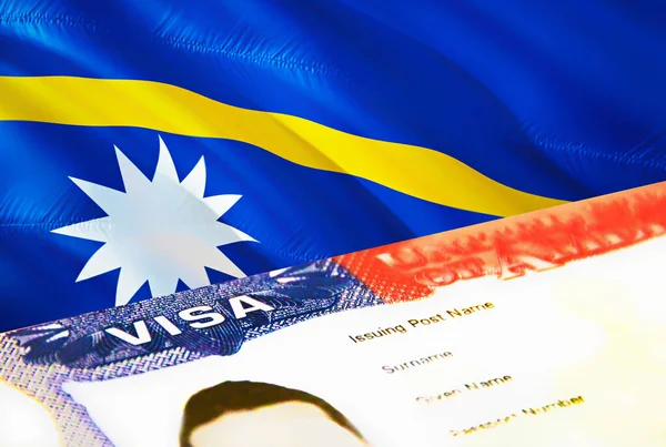 ナウルの移民文書を閉じます ナウルの旗のパスポートビザ パスポート 3DレンダリングでNauru訪問者ビザ パスポートのナウル複数の入国ビザ 米国の切手移民ビザの文書とパスポート — ストック写真