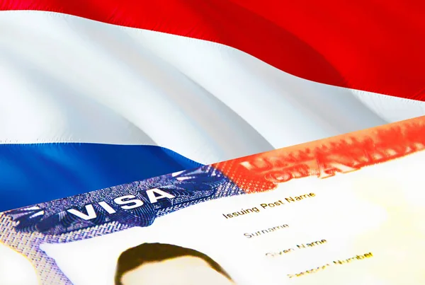 オランダの移民文書が閉じます オランダの旗にパスポートビザ パスポート 3Dレンダリングでオランダの訪問者ビザ パスポートのオランダの複数の入国ビザ アメリカ合衆国切手の移民 — ストック写真