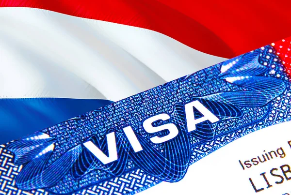 パスポートのオランダビザ 米国移民ビザオランダ市民のための単語Visaに焦点を当てます 国民の身分証明書のクローズアップ 3Dレンダリングでオランダビザを旅行します オランダのモルト — ストック写真