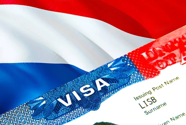 オランダ移民ビザ 単語Visa 3Dレンダリングに焦点を当てたオランダへのビザを閉鎖します パスポートのマルチエントランスでビザでオランダの目的地の概念への旅行や移行 ヴィス — ストック写真