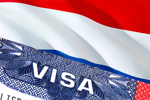 オランダビザ文書 オランダの国旗を背景に パスポート 3Dレンダリングの米国ビザスタンプで閉じるテキストを持つオランダの旗 ビザのパスポートスタンプ旅行オランダ — ストック写真