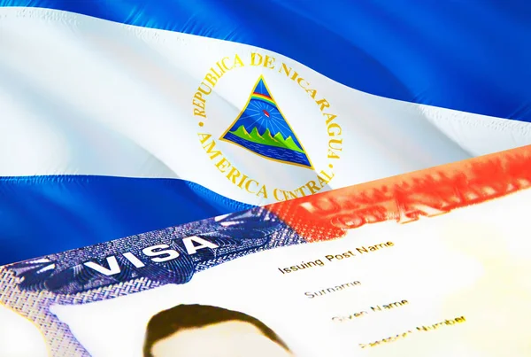 ニカラグアの移民文書が閉じます ニカラグアの旗のパスポートビザ パスポートのニカラグア訪問者ビザ 3Dレンダリング ニカラグアの複数の入国ビザ アメリカ切手移民Vis — ストック写真