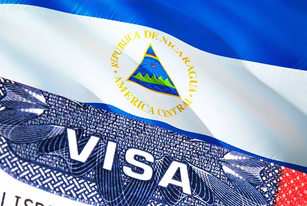 ニカラグアビザ文書 ニカラグアの国旗を背景に ニカラグアの国旗 アメリカのビザスタンプ パスポート 3Dレンダリングでのビザのスタンプ旅行ニカラグア — ストック写真