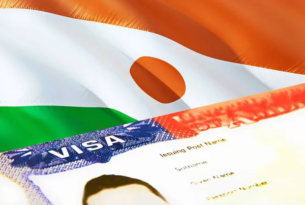 ニジェールの移民文書が閉じます ニジェールの旗のパスポートビザ ニジェールのパスポートでの訪問者ビザ 3Dレンダリング ニジェールパスポートの複数の入国ビザ 米国の切手移民ビザの文書とパスポート — ストック写真