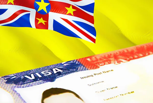 新しい入国管理文書が閉じます ニウエ旗のパスポートビザ パスポートでの継続訪問者ビザ 3Dレンダリング パスポートに複数の入国ビザを取得 米国の切手移民ビザの文書とパスポート — ストック写真