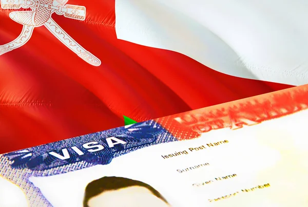 オマーンの移民文書が閉じます オマーン国旗のパスポートビザ パスポートのオマーンの訪問者ビザ 3Dレンダリング パスポートのオマーンの複数の入国ビザ 米国の切手移民ビザの文書とパスポート — ストック写真