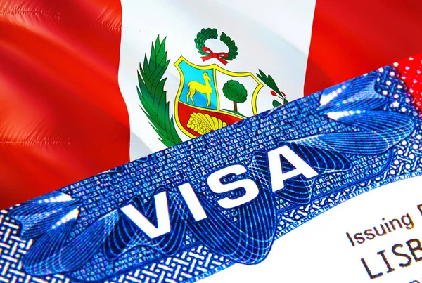 パスポートのペルービザ 米国移民ビザペルー市民のための単語Visaに焦点を当てます ペルーのビザを国民の身分証明書のクローズアップ 3Dレンダリングで旅行します ペルーのパスポートに複数の入り口 ビザのパスポート — ストック写真