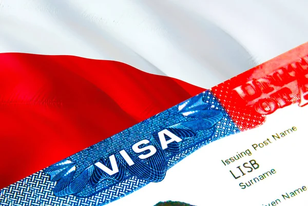 ポーランド移民ビザ 単語Visa 3Dレンダリングに焦点を当てたポーランドへのビザを閉じます パスポートのマルチエントランスでのビザでポーランドの目的地の概念への旅行や移行 ビザのパスポートストリーム — ストック写真