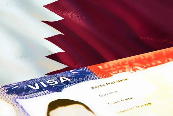 カタールの移民文書が閉じます カタールの旗のパスポートビザ カタールのパスポートでの訪問者ビザ 3Dレンダリング カタールの複数の入国ビザパスポート 米国の切手移民ビザの文書とパスポート — ストック写真