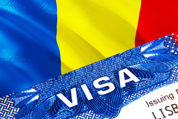 パスポートにルーマニアのビザスタンプとテキストVisa パスポートは海外旅行のコンセプト ルーマニアへの旅行コンセプト 選択的フォーカス 3Dレンダリング 移民と移民の概念 ルーマニアビザI — ストック写真