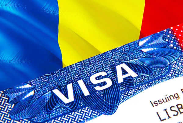 パスポートのルーマニアビザ 米国移民ビザルーマニア市民のための単語Visaに焦点を当てます 国民の身分証明書でルーマニアビザを旅行クローズアップ 3Dレンダリング パスポートのルーマニアマルチ入り口 — ストック写真