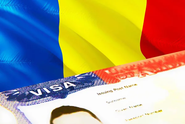 ルーマニア移民文書が閉じます ルーマニアの旗にパスポートビザ パスポート 3Dレンダリングでルーマニアの訪問者ビザ パスポートにルーマニアの複数の入国ビザ アメリカの切手移民ビザの文書 — ストック写真