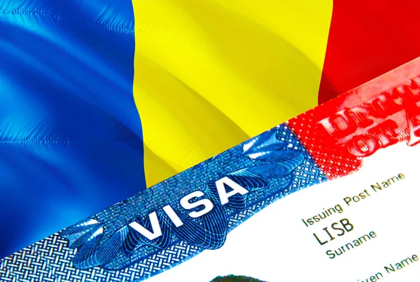 ルーマニア移民ビザ 単語Visa 3Dレンダリングに焦点を当てたルーマニアへのビザを閉鎖します パスポートの複数の入り口でビザでルーマニアの目的地の概念への旅行や移行 アメリカ合衆国切手の移民 — ストック写真