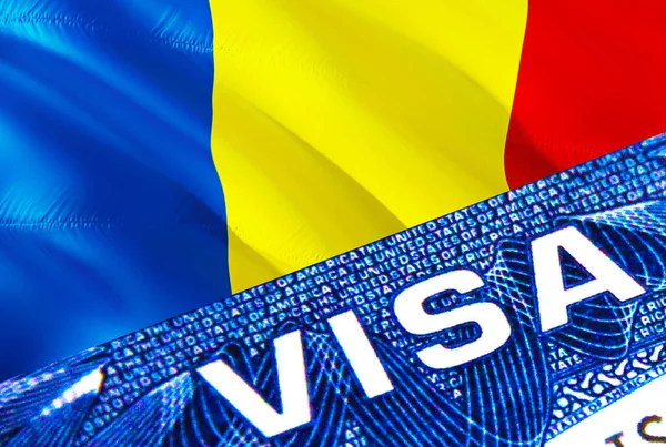 ルーマニアビザの書類は閉じます ルーマニアの旗にパスポートビザ パスポート 3Dレンダリングでルーマニアの訪問者ビザ パスポートのルーマニアの複数の入り口 ビザの書類とパスポートの閉鎖 移民比率 — ストック写真