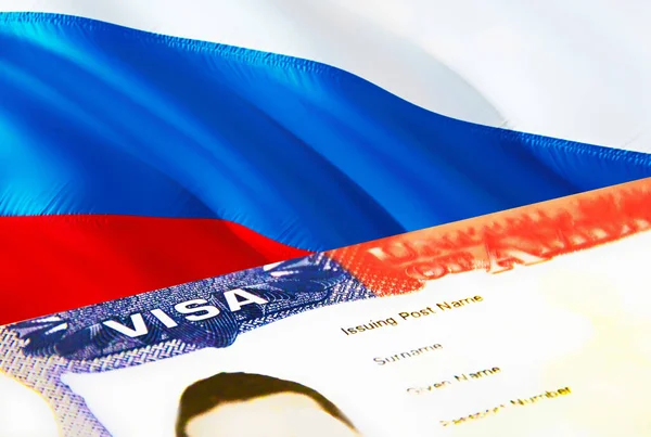 ロシアの移民文書が閉じます ロシアの旗にパスポートビザ パスポート 3Dレンダリングでロシアの訪問者ビザ パスポートにロシアの複数の入国ビザ アメリカの切手移民ビザの文書 — ストック写真