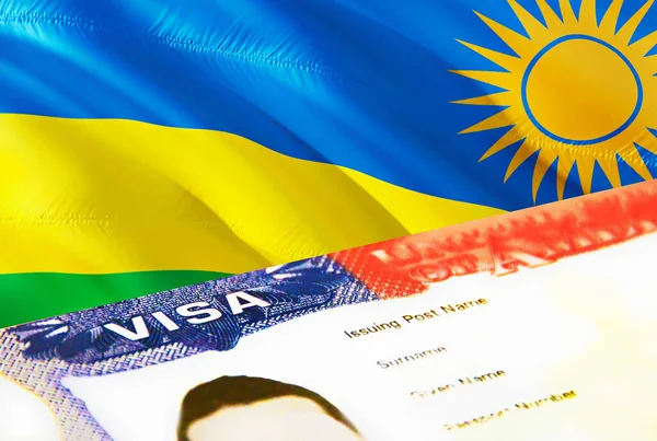 ルワンダの移民文書が閉じます ルワンダの旗にパスポートビザ パスポートのルワンダ訪問者ビザ 3Dレンダリング パスポートにルワンダの複数の入国ビザ アメリカの切手移民ビザの文書 — ストック写真