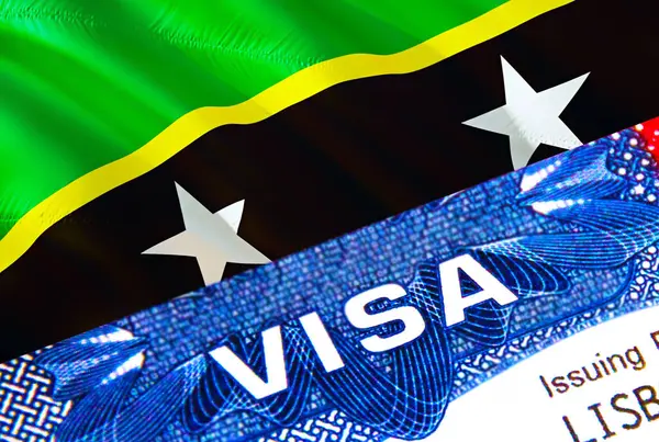 セントキッツとネビスのビザスタンプでパスポートにVisaテキスト パスポート海外旅行の概念 Saint KittsとNevisのコンセプトをご紹介します 出入国管理及び入国管理 — ストック写真