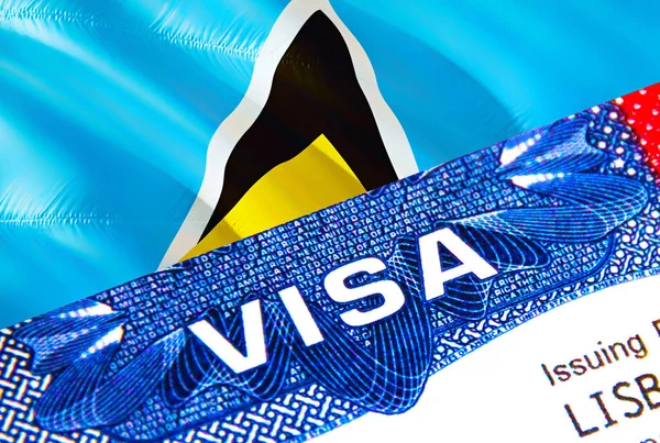 Saint Lucia Visa in passport. USA immigration Visa for Saint Lucia citizens focusing on word VISA. Travel Saint Lucia visa in national identification close-up,3D rendering. Saint Lucia mult