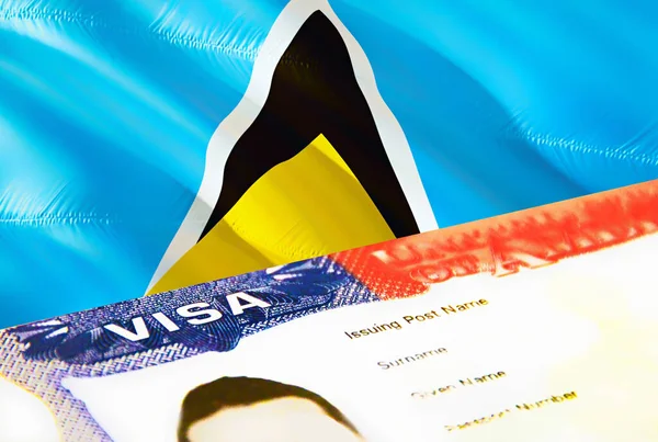 セントルシアの移民文書が閉じます セントルシアの旗のパスポートビザ パスポート 3Dレンダリングでセントルシアの訪問者ビザ パスポートのセントルシア複数の入国ビザ アメリカ合衆国切手の移民 — ストック写真