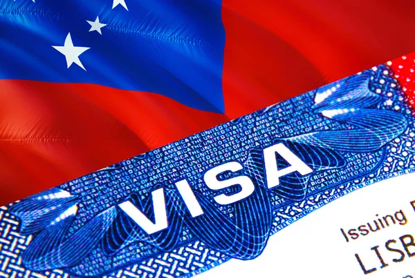 パスポートのサモアビザ 米国移民ビザサモア市民のための単語Visaに焦点を当てます 国民の身分証明書でサモアビザを旅行クローズアップ 3Dレンダリング パスポートのサモアの複数の入り口 アメリカの蒸気 — ストック写真