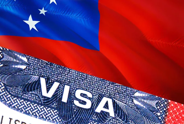 サモアビザ文書 サモアの国旗を背景に サモアの国旗とアメリカのビザスタンプでビザを閉じる 3Dレンダリング ビザのパスポートスタンプ旅行サモアビジネス 出入国管理 — ストック写真