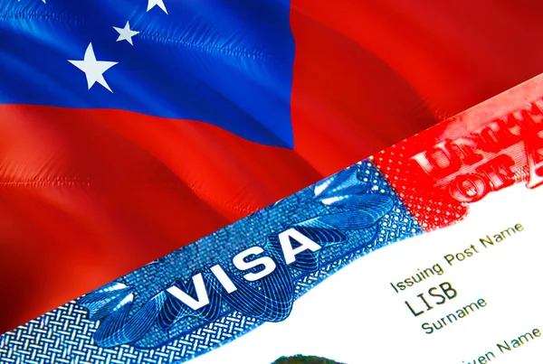 サモア移民ビザ 単語Visa 3Dレンダリングに焦点を当てたサモアへのビザを閉鎖します パスポートの複数の入り口でビザでサモアの目的地の概念への旅行や移行 アメリカ切手移民Vis — ストック写真