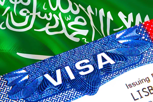 Saudi Arabia Visa in passport. USA immigration Visa for Saudi Arabia citizens focusing on word VISA. Travel Saudi Arabia visa in national identification close-up,3D rendering. Saudi Arabia mult