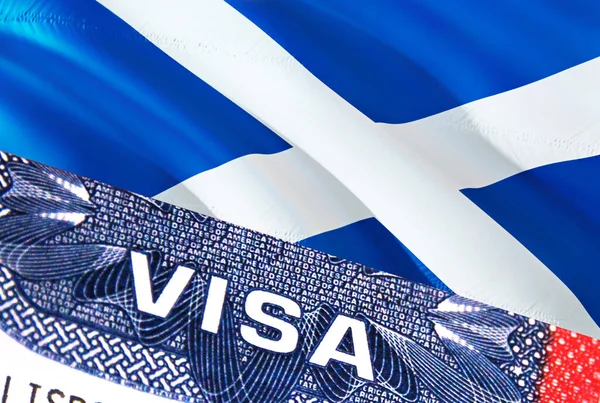 Scotland Visa Document, with Scotland flag in background. Scotland flag with Close up text VISA on USA visa stamp in passport,3D rendering.Visa passport stamp travel Scotland business.Immigratio