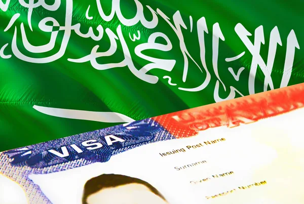 Saudi Arabia immigration document close up. Passport visa on Saudi Arabia flag. Saudi Arabia visitor visa in passport,3D rendering. Saudi Arabia multi entrance visa in passport. USA stamp emigratio