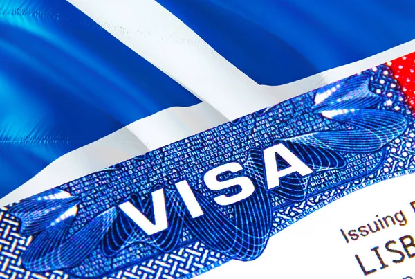 Scotland Visa in passport. USA immigration Visa for Scotland citizens focusing on word VISA. Travel Scotland visa in national identification close-up,3D rendering. Scotland multi entrance i