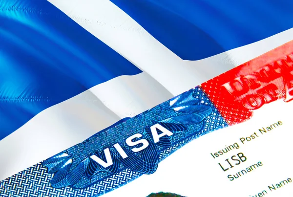 Scotland immigration visa. Closeup Visa to Scotland focusing on word VISA, 3D rendering. Travel or migration to Scotland destination concept with visa in passport multi entrance. Visa passport stam