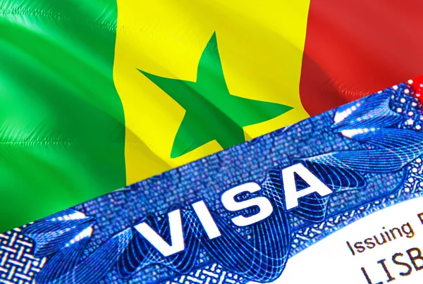 Senegal visa stamp in passport with VISA text. Passport traveling abroad concept. Travel to Senegal concept - selective focus,3D rendering. Immigration and emigration concept. Senegal visa i