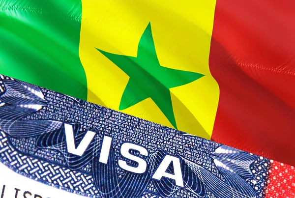 Senegal Visa Document, with Senegal flag in background. Senegal flag with Close up text VISA on USA visa stamp in passport,3D rendering.Visa passport stamp travel Senegal business.Immigration an