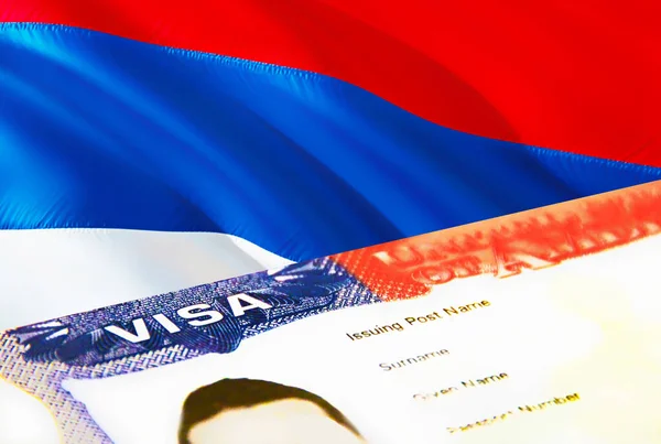 セルビアの移民文書が閉じます セルビアの旗のパスポートビザ パスポートでのセルビア訪問者ビザ 3Dレンダリング パスポートにセルビアの複数の入国ビザ アメリカの切手移民ビザの文書 — ストック写真