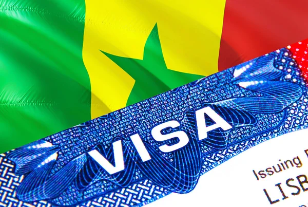 Senegal Visa in passport. USA immigration Visa for Senegal citizens focusing on word VISA. Travel Senegal visa in national identification close-up,3D rendering. Senegal multi entrance in passport