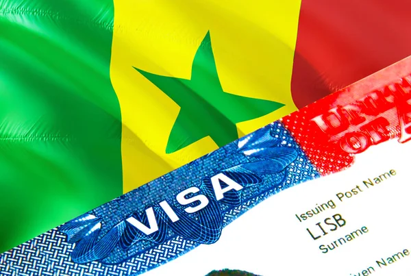 Senegal immigration visa. Closeup Visa to Senegal focusing on word VISA, 3D rendering. Travel or migration to Senegal destination concept with visa in passport multi entrance. Visa passport stam