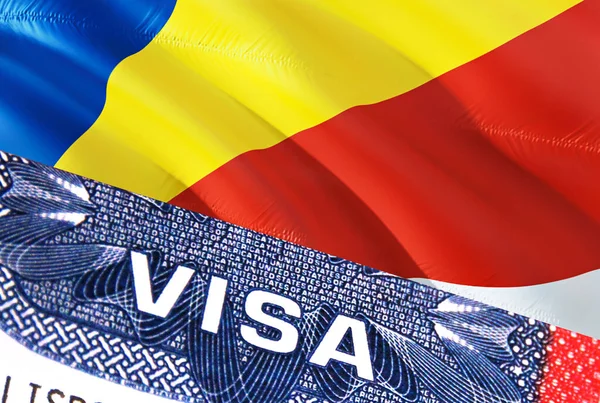 セイシェルビザ文書 セイシェルの国旗を背景に セーシェルの国旗 アメリカのビザスタンプ パスポート 3Dレンダリングでのビザのパスポート旅行 — ストック写真