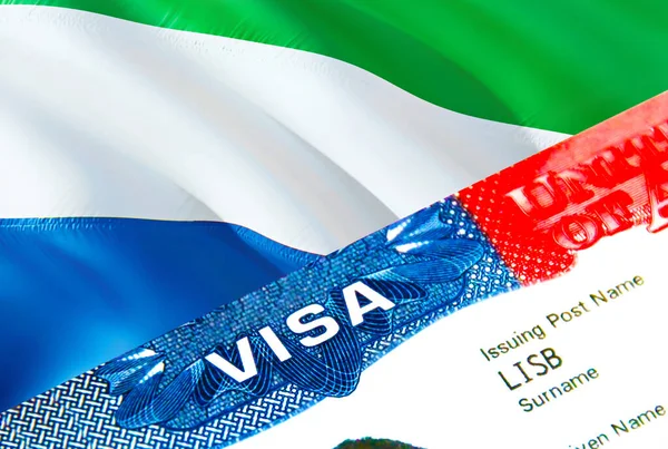 Sierra Leone immigration visa. Closeup Visa to Sierra Leone focusing on word VISA, 3D rendering. Travel or migration to Sierra Leone destination concept with visa in passport multi entrance. Vis