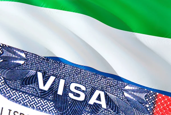 Sierra Leone Visa Document, with Sierra Leone flag in background. Sierra Leone flag with Close up text VISA on USA visa stamp in passport,3D rendering.Visa passport stamp travel Sierra Leon