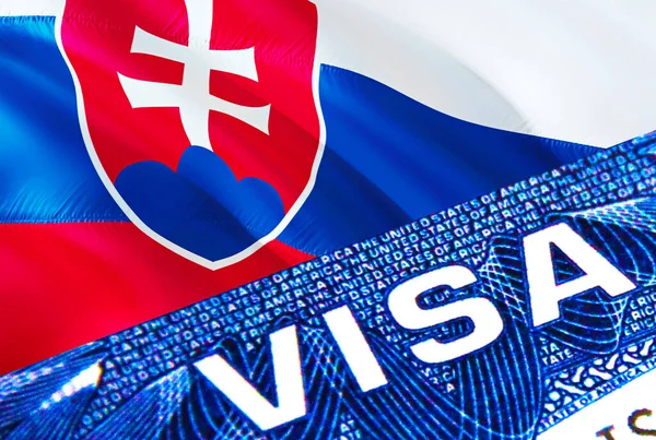 Slovakia visa document close up. Passport visa on Slovakia flag. Slovakia visitor visa in passport,3D rendering. Slovakia multi entrance in passport. Closeup of Visa document and passport