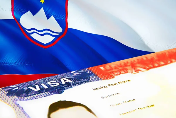スロベニアの移民文書が閉じます スロベニアの旗のパスポートビザ パスポート 3Dレンダリングでスロベニアの訪問者ビザ パスポートにスロベニアの複数の入国ビザ アメリカスタンプ移民ビザのドキュメント — ストック写真