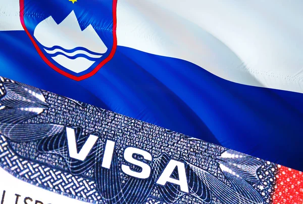Slovenia Visa Document, with Slovenia flag in background. Slovenia flag with Close up text VISA on USA visa stamp in passport,3D rendering.Visa passport stamp travel Slovenia business. Immigratio