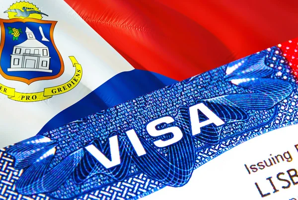 パスポートにMaarten Visaを入れてください 米国移民ビザセントマーテン市民のための単語ビザに焦点を当てます 国民の身分証明書のクローズアップ 3Dレンダリングでセントマーテンビザを旅行します シント マーテン モルト — ストック写真